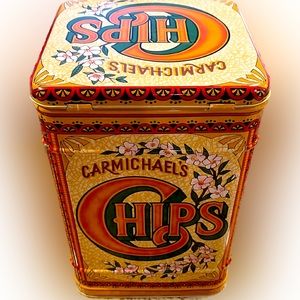 Vintage 1940s CARMICHAEL’S CHIPS hinged tin container CASE MANUFACTURING ENGLAND